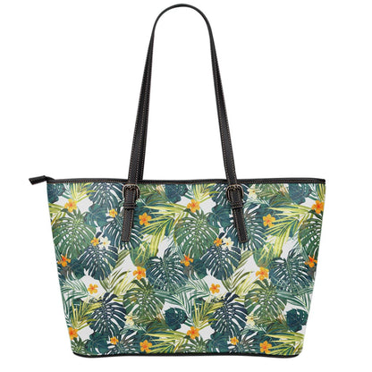 Summer Hawaiian Leaves Pattern Print Leather Tote Bag