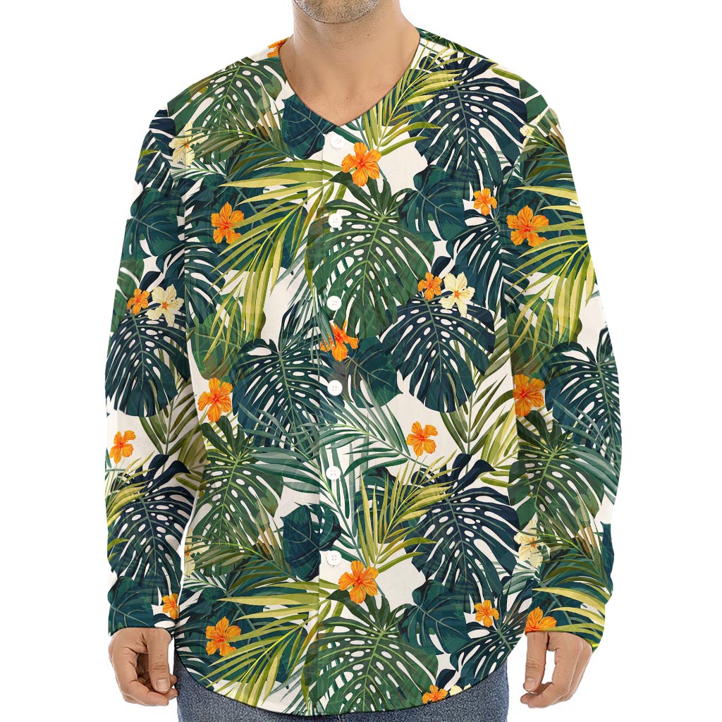 Summer Hawaiian Leaves Pattern Print Long Sleeve Baseball Jersey