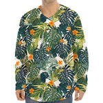 Summer Hawaiian Leaves Pattern Print Long Sleeve Baseball Jersey