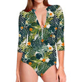 Summer Hawaiian Leaves Pattern Print Long Sleeve Swimsuit