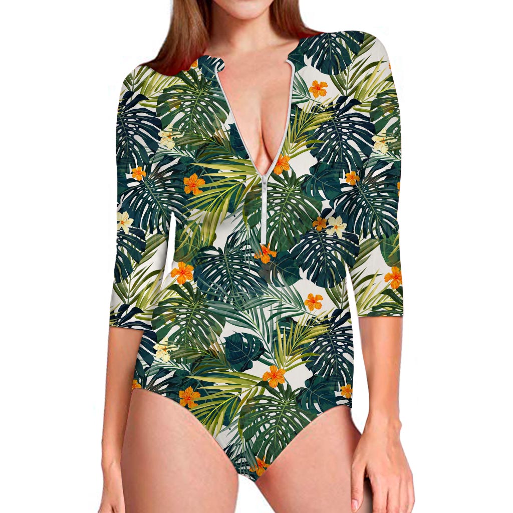 Summer Hawaiian Leaves Pattern Print Long Sleeve Swimsuit