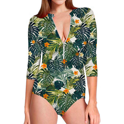 Summer Hawaiian Leaves Pattern Print Long Sleeve Swimsuit