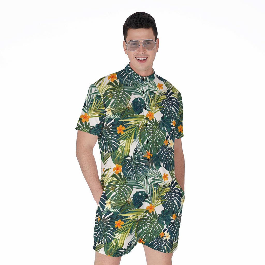 Summer Hawaiian Leaves Pattern Print Men's Rompers
