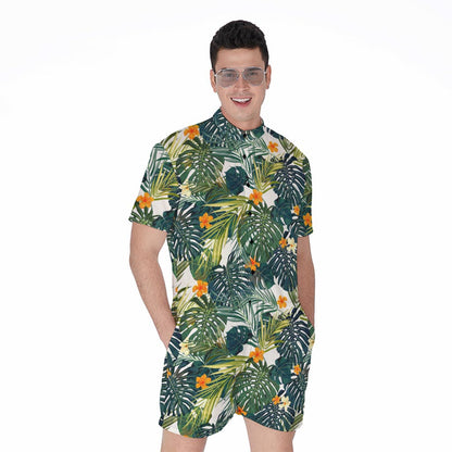 Summer Hawaiian Leaves Pattern Print Men's Rompers