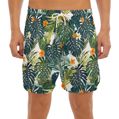 Summer Hawaiian Leaves Pattern Print Men's Split Running Shorts
