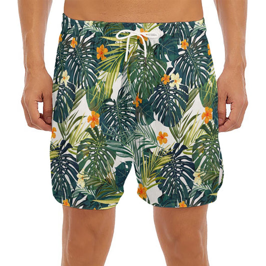 Summer Hawaiian Leaves Pattern Print Men's Split Running Shorts