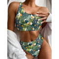 Summer Hawaiian Leaves Pattern Print One Shoulder Bikini Set
