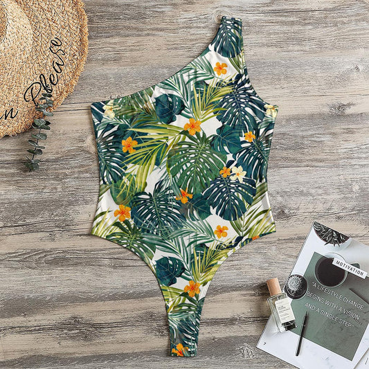 Summer Hawaiian Leaves Pattern Print One Shoulder Bodysuit