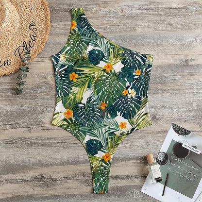 Summer Hawaiian Leaves Pattern Print One Shoulder Bodysuit