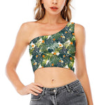 Summer Hawaiian Leaves Pattern Print One Shoulder Crop Top