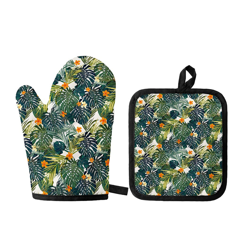 Summer Hawaiian Leaves Pattern Print Oven Mitt And Pot Holder Set