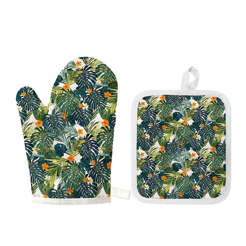 Summer Hawaiian Leaves Pattern Print Oven Mitt And Pot Holder Set