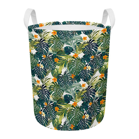 Summer Hawaiian Leaves Pattern Print Round Laundry Basket