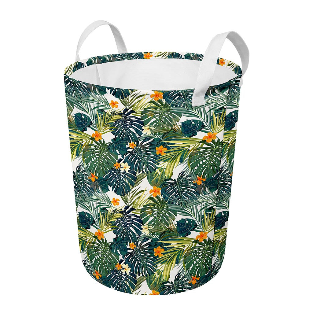 Summer Hawaiian Leaves Pattern Print Round Laundry Basket