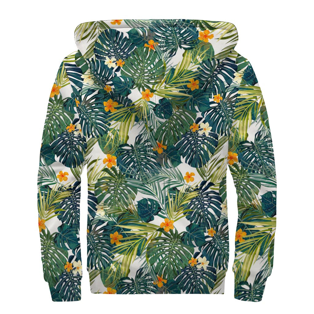 Summer Hawaiian Leaves Pattern Print Sherpa Lined Zip Up Hoodie