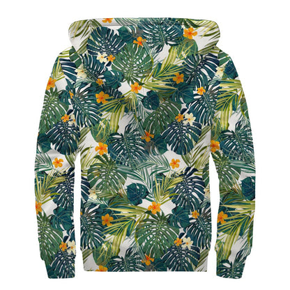 Summer Hawaiian Leaves Pattern Print Sherpa Lined Zip Up Hoodie