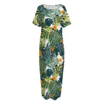 Summer Hawaiian Leaves Pattern Print Short Sleeve Long Nightdress