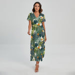 Summer Hawaiian Leaves Pattern Print Short Sleeve Maxi Dress