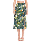 Summer Hawaiian Leaves Pattern Print Side Slit Midi Skirt