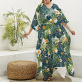 Summer Hawaiian Leaves Pattern Print Silk V-Neck Kaftan Dress