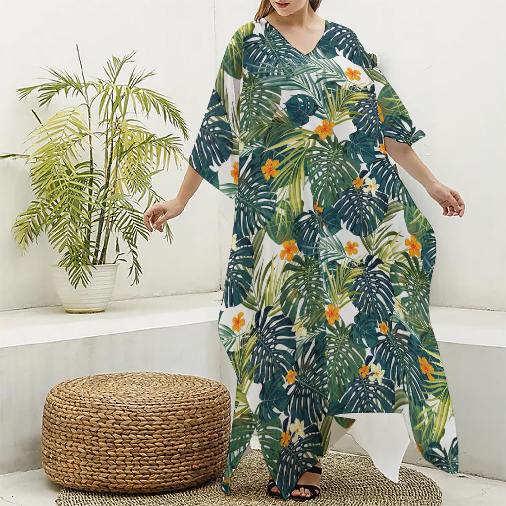 Summer Hawaiian Leaves Pattern Print Silk V-Neck Kaftan Dress
