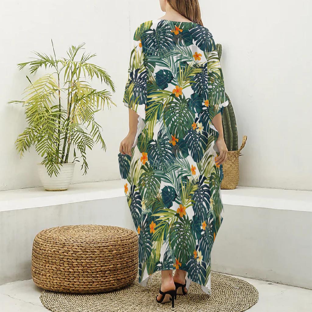 Summer Hawaiian Leaves Pattern Print Silk V-Neck Kaftan Dress