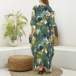 Summer Hawaiian Leaves Pattern Print Silk V-Neck Kaftan Dress