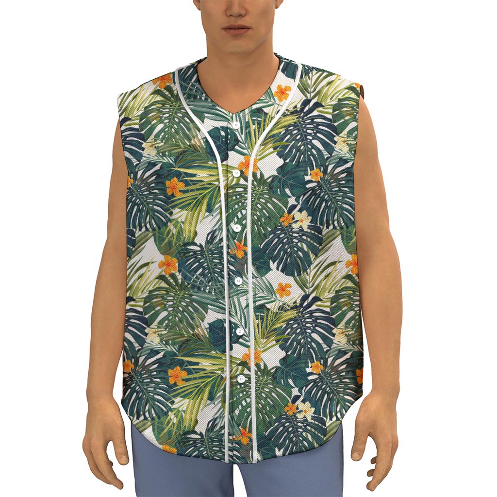 Summer Hawaiian Leaves Pattern Print Sleeveless Baseball Jersey