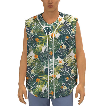 Summer Hawaiian Leaves Pattern Print Sleeveless Baseball Jersey