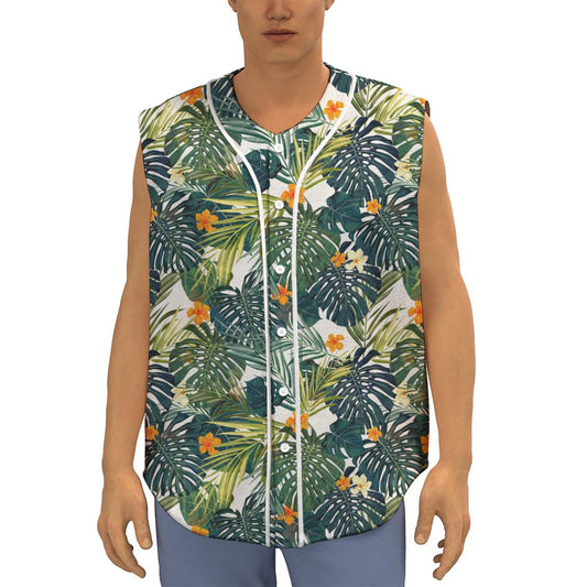 Summer Hawaiian Leaves Pattern Print Sleeveless Baseball Jersey