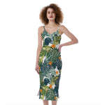 Summer Hawaiian Leaves Pattern Print Slim Fit Midi Cami Dress