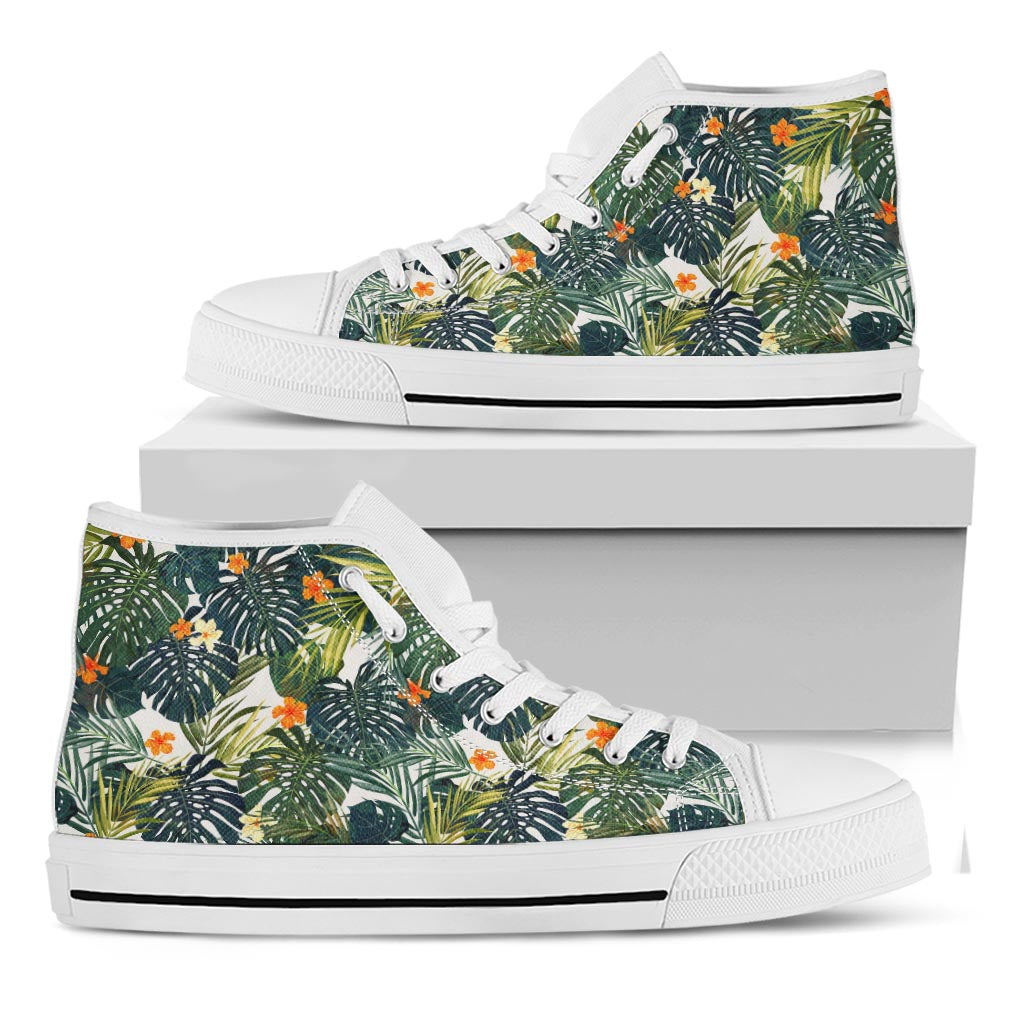 Summer Hawaiian Leaves Pattern Print White High Top Sneakers