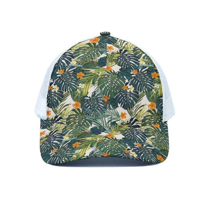 Summer Hawaiian Leaves Pattern Print White Mesh Trucker Cap