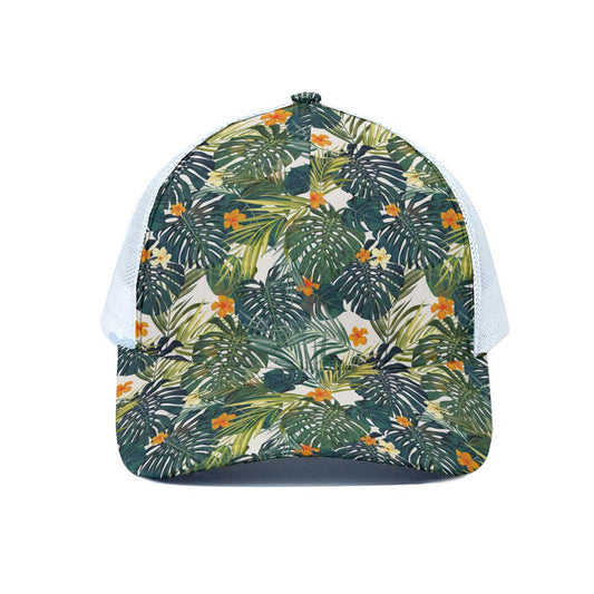 Summer Hawaiian Leaves Pattern Print White Mesh Trucker Cap
