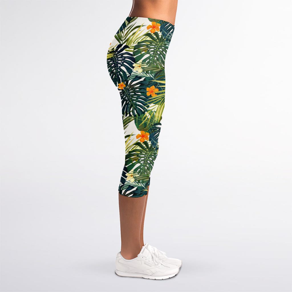 Summer Hawaiian Leaves Pattern Print Women's Capri Leggings