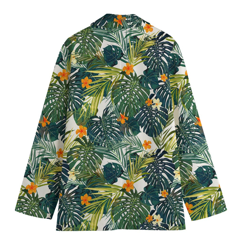 Summer Hawaiian Leaves Pattern Print Women's Cotton Blazer