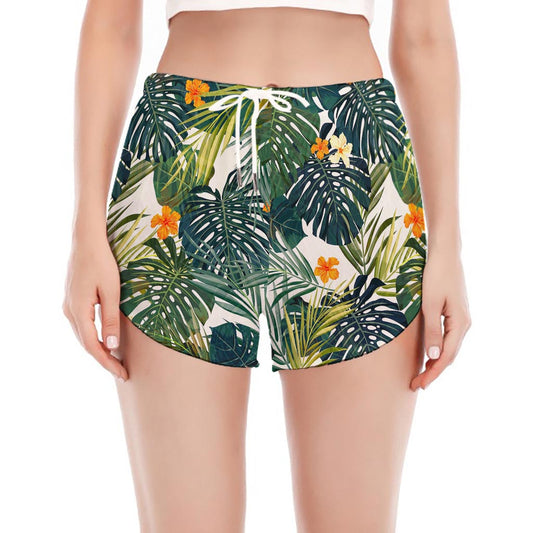 Summer Hawaiian Leaves Pattern Print Women's Split Running Shorts