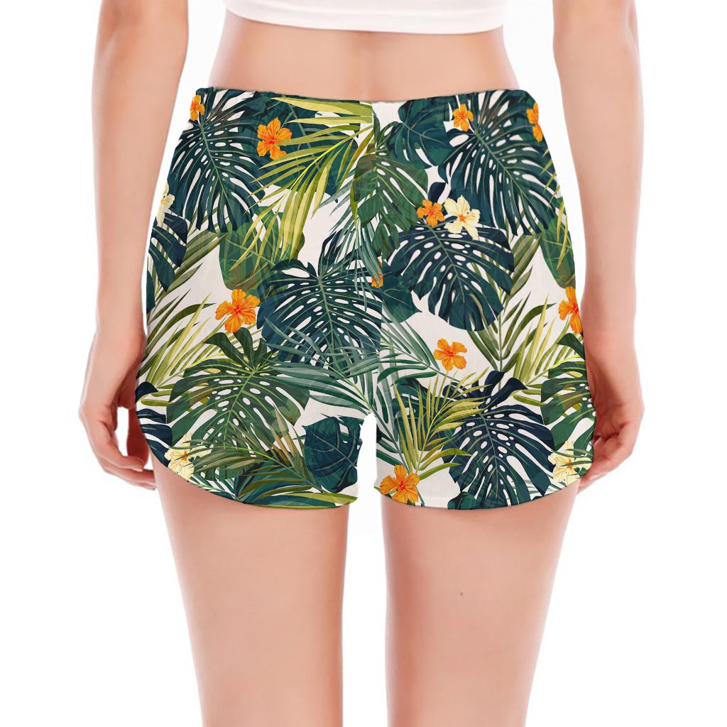 Summer Hawaiian Leaves Pattern Print Women's Split Running Shorts