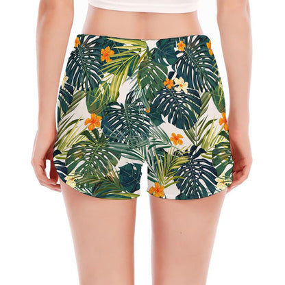 Summer Hawaiian Leaves Pattern Print Women's Split Running Shorts