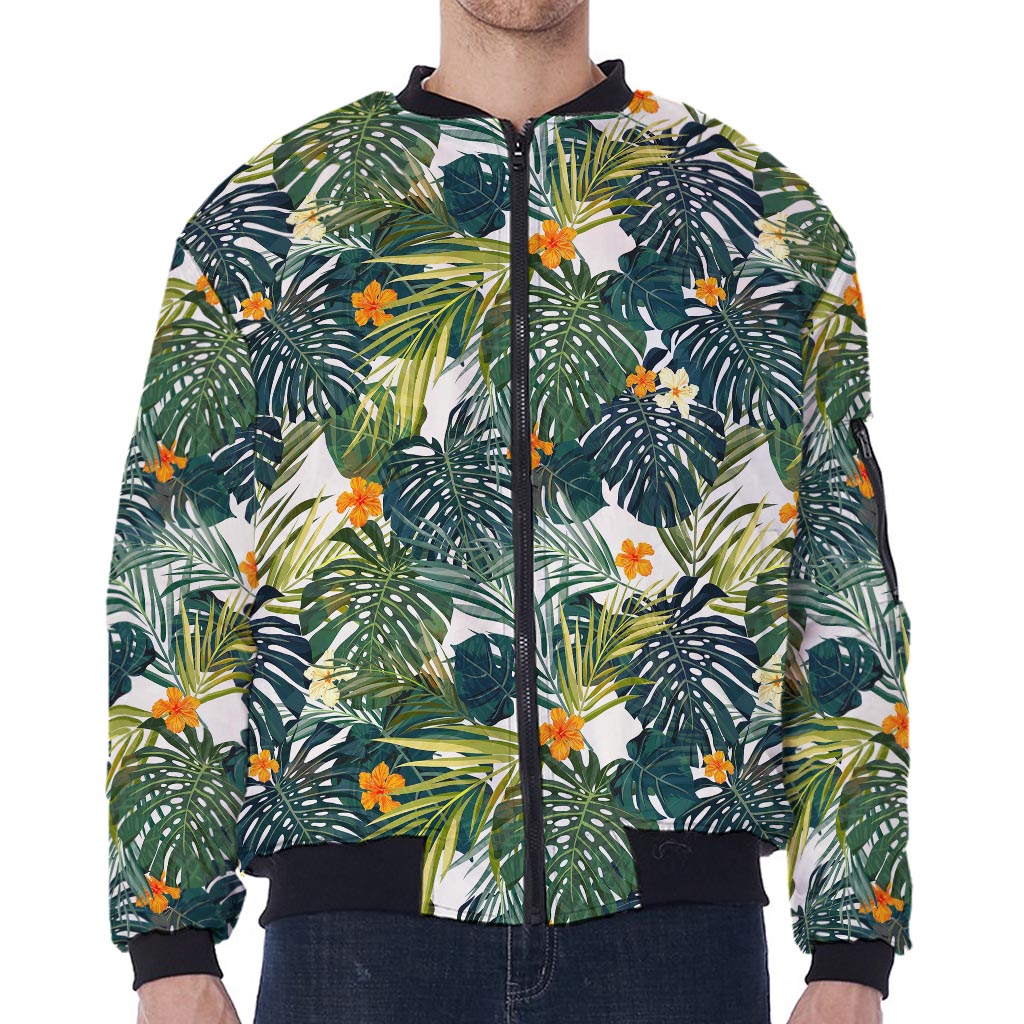Summer Hawaiian Leaves Pattern Print Zip Sleeve Bomber Jacket