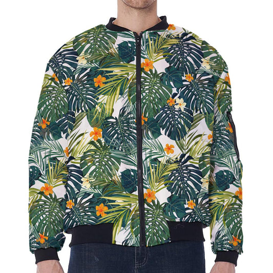 Summer Hawaiian Leaves Pattern Print Zip Sleeve Bomber Jacket