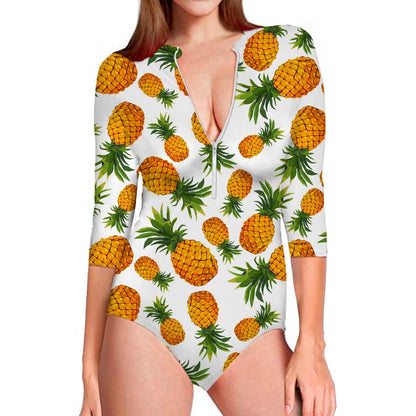 Summer Pineapple Pattern Print Long Sleeve Swimsuit