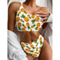 Summer Pineapple Pattern Print One Shoulder Bikini Set