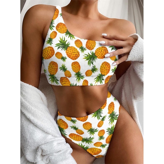 Summer Pineapple Pattern Print One Shoulder Bikini Top