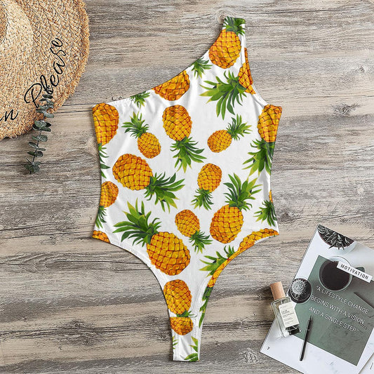 Summer Pineapple Pattern Print One Shoulder Bodysuit