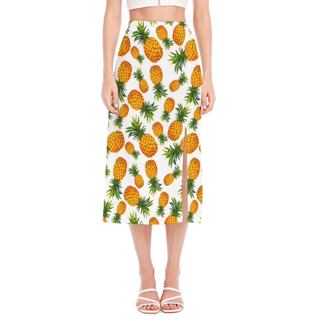 Summer Pineapple Pattern Print Side Slit Midi Skirt