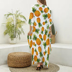 Summer Pineapple Pattern Print Silk V-Neck Kaftan Dress
