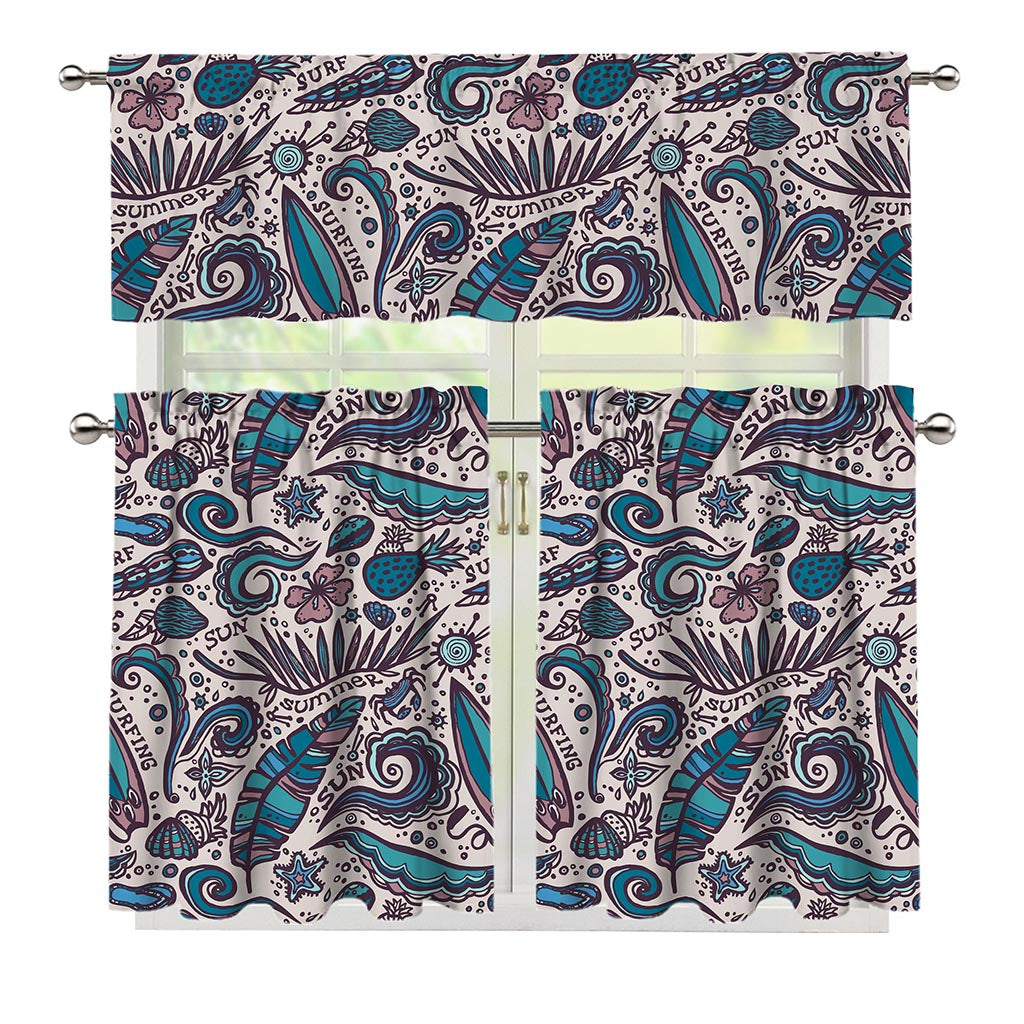 Summer Surfing Pattern Print 3 Piece Kitchen Curtains