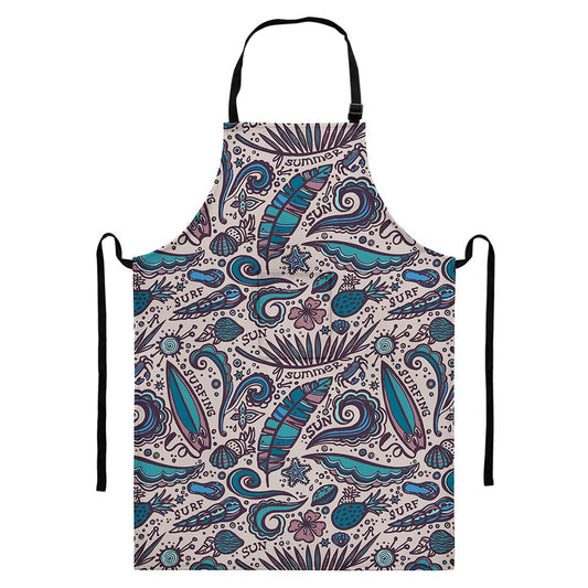 Summer Surfing Pattern Print Bib Apron With Pocket