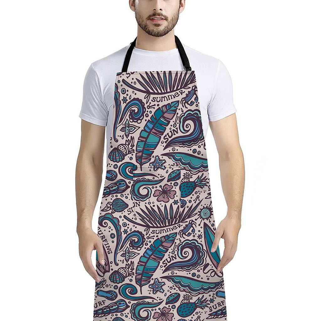 Summer Surfing Pattern Print Bib Apron With Pocket